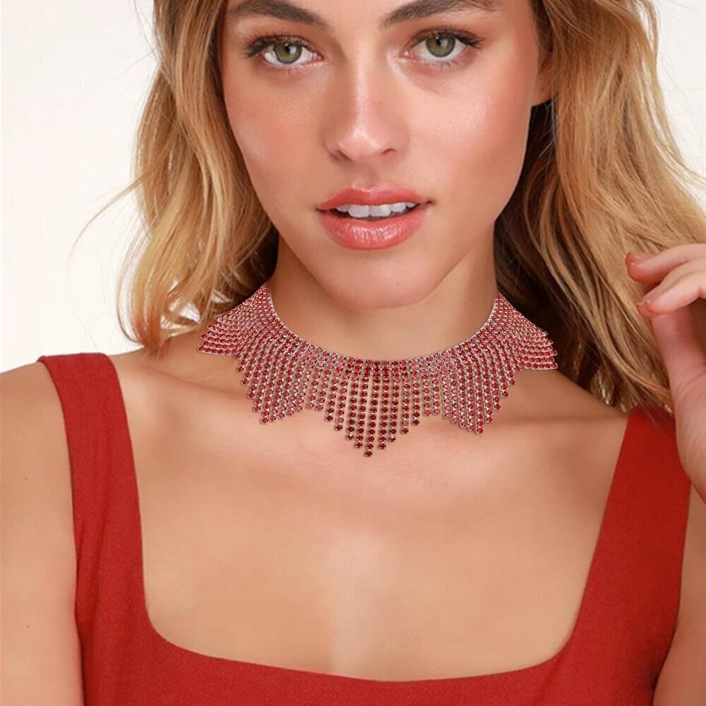 ๐ Women Red Sparkly Choker Necklace Rhinestone Crystal Tassel Chain Jewelry - Picture 4 of 8